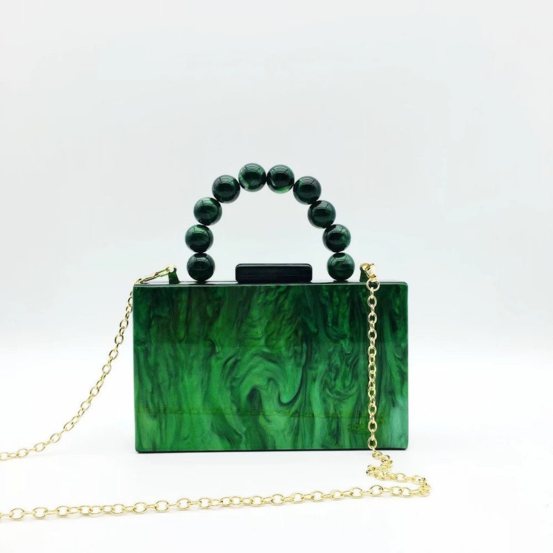 Emerald green acrylic tote bag with the ball strap, Emerald acrylic clutch, Vintage-inpired tote bag with the metal chain, Bridal clutch image 1