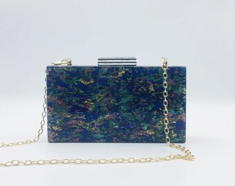 Tortoise shell abalone clutch with a gold chain, Pearlescent acrylic clutch, Party bag, Blue shell clutch, Colorful shell marble clutch