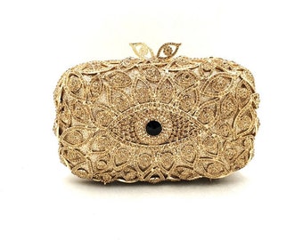 Hollow out evil eye gold crystal clutch with the detachable chain, Party clutch, Evening clutch