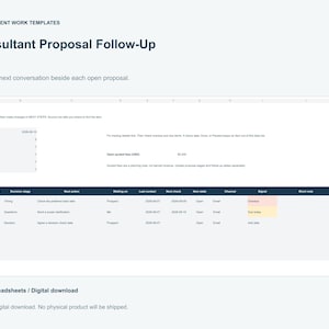 May include: A digital spreadsheet template titled Consultant Proposal Follow-Up, featuring a table with columns for Proposal ID, Decision stage, Next action, Waiting on, Last contact, Next check, Item state, Channel, Signal, Short note, and Source row.