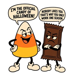 May include: A cartoon illustration of a candy corn character and a chocolate bar character. The candy corn says, I'M THE OFFICIAL CANDY OF HALLOWEEN! The chocolate bar replies, NOBODY LIKES YOU. THAT'S WHY YOU ONLY WORK ONE SEASON. Both have limbs.