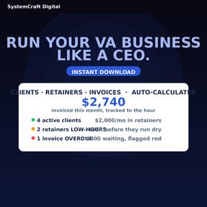 May include: A digital dashboard graphic titled RUN YOUR VA BUSINESS LIKE A CEO. It displays business metrics including 4 active clients, 2 retainers with low hours, and 1 overdue invoice, with a total of $2,740 invoiced this month.
