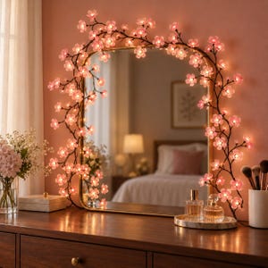 Cherry Blossom Lights, Pink USB Fairy Lights, Bendable Floral Branches for Bedroom Wall Decor, Vanity Mirror Garland, Warm Ambient Lighting
