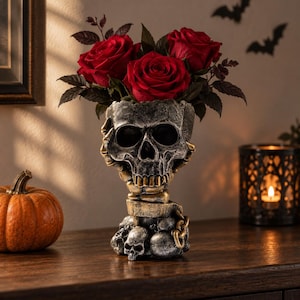 Op de afbeelding: Een decoratieve schedelvormige vaas met een verweerde grijze en gouden afwerking, voorzien van een skeletachtige hand aan de zijkant. De basis is versierd met kleinere schedels en een kettingschakel. Gevuld met drie donkerrode rozen en groene bladeren.