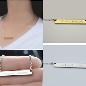Name Bar Necklace, Gold Bar Necklace, Silver Bar Necklace, Rose Gold Bar Necklace, Engraved Bar, Name Plate Necklace-No Tarnish
