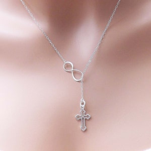 BIG SALE-Cross and Infinity, Lariat necklace with sterling silver-Mother&#39;s Day gifts