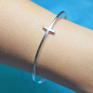 Silver Cross Cuff Bracelet, Sterling Silver Cross Bracelet, Open Bangle, cross bracelet women, cross bracelet sideways, sideways cross, cuff