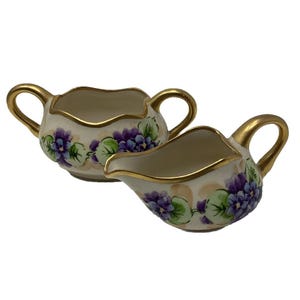 Liten vintage-kanna med socker, Tolpin Art Studios, lila blommigt, guld, porslin