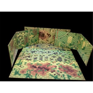 May include: A tabletop wargame board featuring a hexagonal grid layout with printed terrain details including green fields, brown hills, and blue water features. The set includes a large flat map and several upright panels forming a screen.