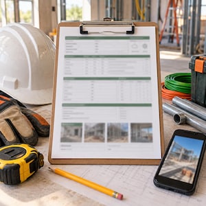 May include: A brown clipboard with a white document featuring blurred text and four small images, positioned next to a white hard hat, black and tan work gloves, a yellow tape measure, a yellow pencil, metal pipes, and a black smartphone.