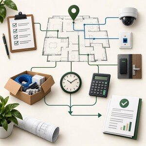 May include: A floor plan diagram connected by lines to a clipboard with a checklist, a security camera, an ethernet port, a smart lock, a cardboard box containing blue cables and connectors, a wall clock, a calculator, and a document with a checkmark.