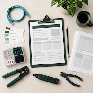 May include: A dark green clipboard with a document, a teal ethernet cable, a set of color swatches, a clear organizer box with small components, a crimping tool, a punch-down tool, wire cutters, a pencil, and a stack of blank white papers.