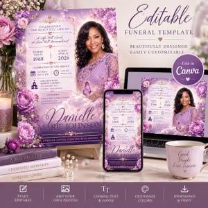 May include: An editable funeral programme template featuring a purple floral design with a portrait of a woman, butterflies, and clouds. The text reads Celebrating the Beautiful Life of Danielle Marie Johnson, Sunrise May 14 1968, Sunset April 28 2026.
