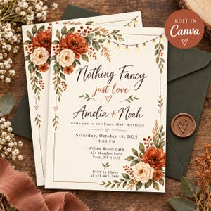 May include: A wedding invitation card featuring a cream background with watercolor floral arrangements in rust and white, string lights, and black text reading Nothing Fancy just love Amelia + Noah, Saturday, October 18, 2025, 5:00 PM, Willow Brook Barn, 321 Meadow Lane, York, NY 14523.