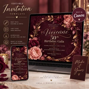 May include: An editable digital invitation template displayed on a laptop and smartphone screen, featuring a deep burgundy background with gold floral accents, elegant script text for Vivienne's 50th Birthday Gala, and a small sign reading Make it Yours.