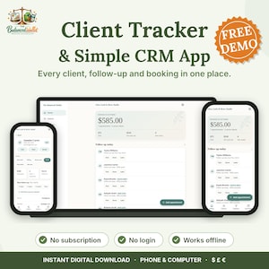 Puede incluir: Una aplicación digital de seguimiento de clientes y CRM mostrada en una computadora portátil y dos teléfonos inteligentes. La interfaz muestra listas de clientes, tareas de seguimiento y datos financieros. El texto incluye Client Tracker & Simple CRM App, Free Demo.