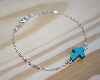 Turquoise Cross Sterling Silver Bracelet - Delicate Layering Jewelry