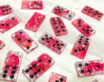 Handmade Hot Pink Domino Set - Transparent Magenta with Silver Foil Dominos