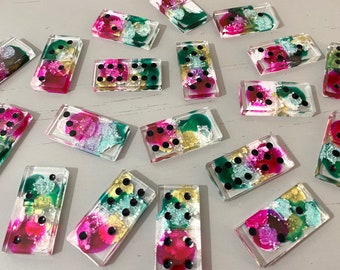 Handmade Domino Set - Unique Pink Gold Teal Transparent Dominos Black Dots