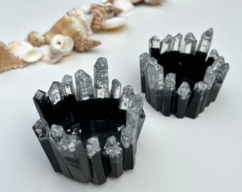 Set of 2 Black and Silver Crystal Candle Holders | Black Resin Tea Light Candle Holder