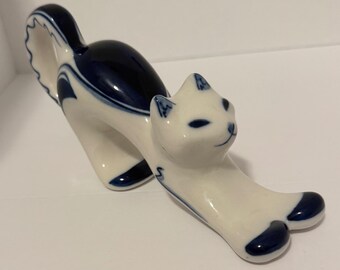 Vintage Gzhel Stretching Cat, hand painted in USSR