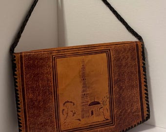Vtg 60s Tooled Leather Taj Mahal Purse Boho Emboss Handbag India 2Pocket ID slot