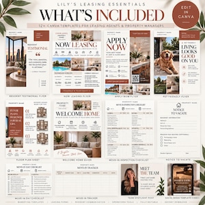 May include: A collection of twelve digital marketing templates for property managers, featuring flyers for resident testimonials, leasing information, move-in checklists, inspection forms, welcome guides, and social media posts with text in a neutral colour palette.