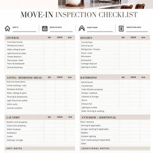 Może przedstawiać: Formularz listy kontrolnej inspekcji przy wprowadzeniu z nagłówkiem Property Name, zdjęciem kuchni na górze oraz sekcjami General, Kitchen, Living/Bedroom Areas, Bathroom, Laundry i Exterior/Additional z kolumnami OK, Issue i N/A.