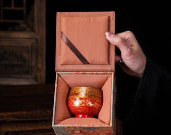Wood Host's Tea Cup, Golden Jade Full Hall Red-Gold, in a Fancy Gift Box