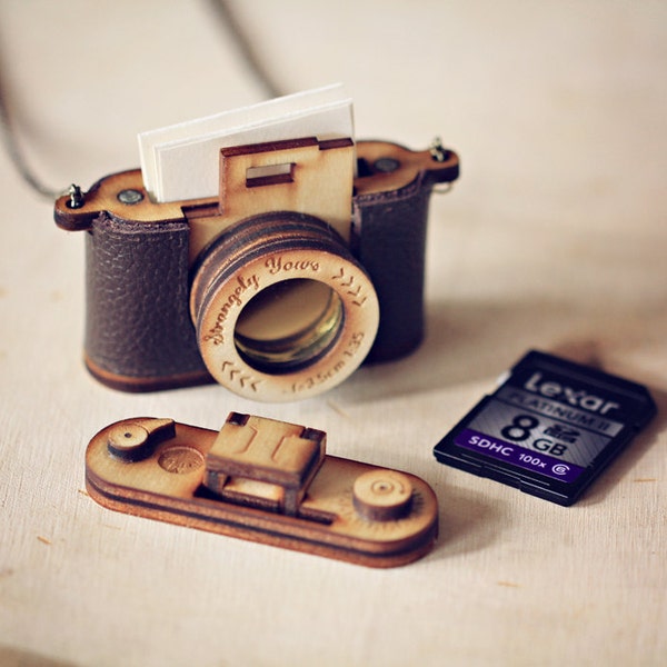 Wood and Leather Camera LOCKET version - Aztec Red, Brown personalised Christmas gift