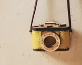 Mustard Yellow Wood and Leather Camera Necklace- Aztec Red, Salmon Pink Christmas gift