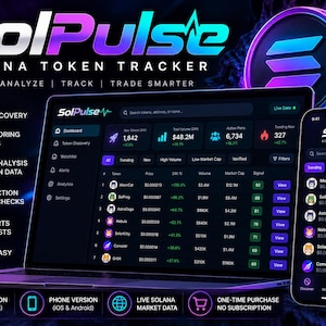 Puede incluir: Una interfaz de seguimiento de tokens Solana SolPulse mostrada en una pantalla de portátil y smartphone. El panel oscuro muestra datos de tokens en tiempo real, estadísticas de mercado y herramientas de análisis con acentos y texto en azul y violeta.