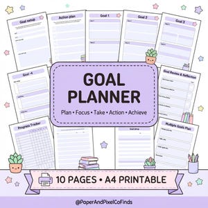 May include: A digital goal planner set featuring ten A4 printable pages with light purple headers and accents. The central label reads GOAL PLANNER Plan Focus Take Action Achieve. Includes goal setup, action plans, progress trackers, and review sheets.