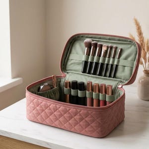 Puede incluir: Un neceser acolchado de color rosa empolvado con tapa de cremallera. El interior está forrado con tela verde salvia y cuenta con bandas elásticas que sujetan seis brochas en la tapa y siete labiales en la base, además de un pequeño bolsillo.