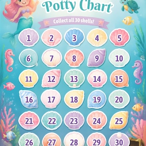 Op de afbeelding: Een My Mermaid zindelijkheidstabel met een blauwe onderwaterachtergrond, een zeemeermin, zeedieren en een schatkist. De tabel bevat dertig genummerde schelppictogrammen in diverse pastelkleuren met de tekst Collect all 30 shells!