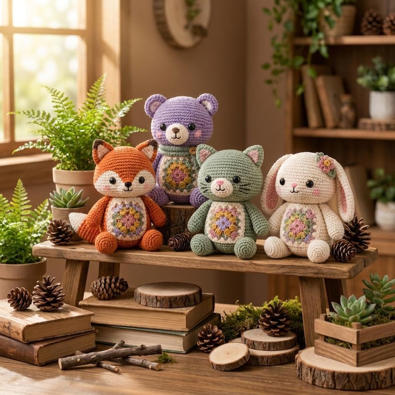 Sitting Rabbit Template Woodland Animal Granny Square Pillow Crochet Pattern Bundle PDF | Bear ...