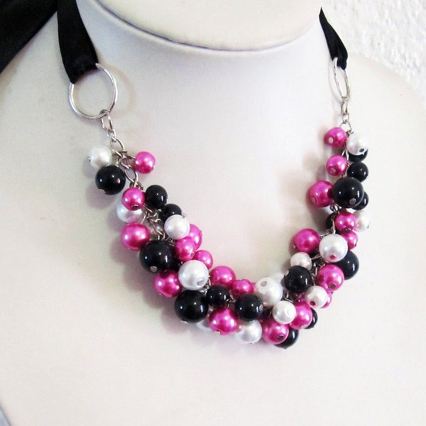 Chunky Pearl Choker, Bib Necklace, Hot Pink Statement Necklace, Black Ribbon, Bow Necklace, Multi Color Wedding, Bridal, Bridesmaid Necklace