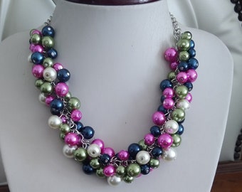 Multi Color Chunky Pearl Necklace, Statement Necklace, Blue, Pink and Green Spring Summer Wedding Necklace, Colorful Pearl Cluster Necklace