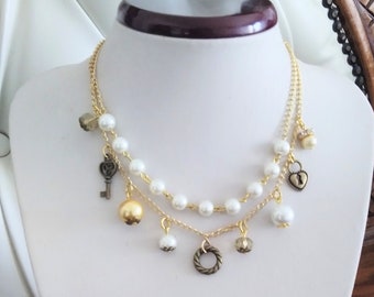 Chunky Pearl Necklace with Lock and Key, Statement Necklace, Bib Necklace, Heart Charm Necklace