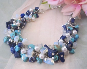 Blue Chunky Pearl Necklace, Statement Bridal Necklace, Gemstone Bib Necklace, Pearl Bridesmaid Necklace, Nautical Beach Wedding