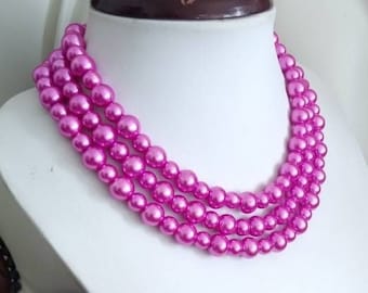 Hot Pink Chunky Pearl Necklace, Cerise Gold Statement Necklace, Choker, Spring Summer Wedding Pink Bridal Necklace