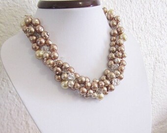 Brown Pearl Necklace, Beige, Champagne Statement Necklace, Chunky Pearl Cluster Necklace, Formal, Bridal, Bridesmaid, Wedding Jewelry Gift