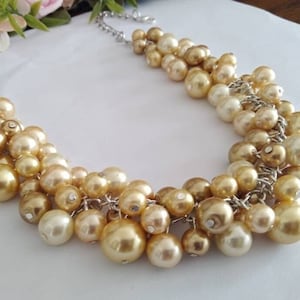 Champagne Gold Chunky Pearl Necklace, Statement Necklace, Pearl Bib Necklace, Cluster Necklace, Bridal, Gold Wedding, Bridesmaid Necklace