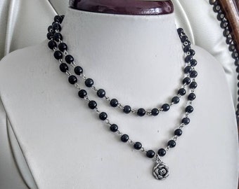 Black Pearl Necklace, Silver Rose Necklace, Pearl Rosary Chain, Y2K Necklace, Ball Chain Necklace