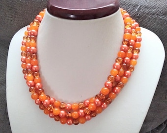 Orange Chunky Pearl Necklace, Statement Necklace, Multi Strand, Layered Orange Necklace and Earrings Set, Rustic Fall Wedding Jewelry