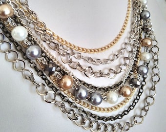 Chunky Pearl Necklace, Silver Statement Necklace, Choker, Chunky Multi Chain Necklace, Silver and Gold, Multi Strand Boho Necklace