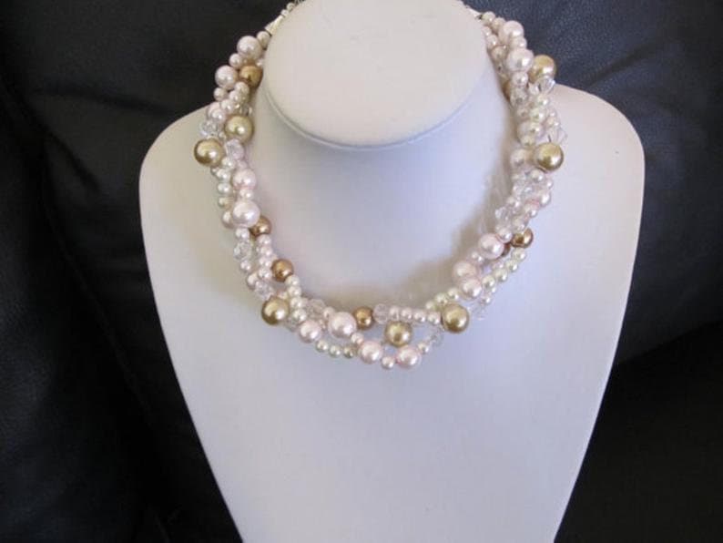 Blush Romantic Wedding Boho Bridal Necklace Rose Gold Layered Pearl Necklace Chunky Vintage Pearl /& Crystal Necklace