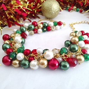 Green, Gold, Red Christmas Necklace, Holiday Necklace, Chunky Statement Pearl Cluster Necklace, Party Necklace and Earrings Jewelry Set image 7