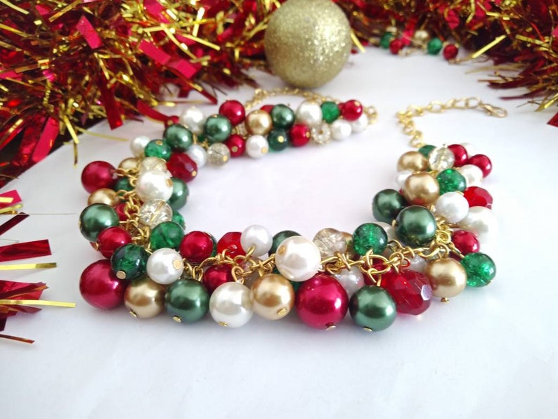 Green, Gold, Red Christmas Necklace, Holiday Necklace, Chunky Statement Pearl Cluster Necklace, Party Necklace and Earrings Jewelry Set image 7