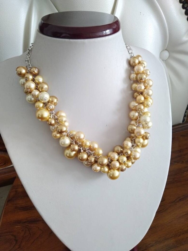 Champagne Gold Chunky Pearl Necklace, Statement Necklace, Pearl Bib Necklace, Cluster Necklace, Bridal, Gold Wedding, Bridesmaid Necklace image 5